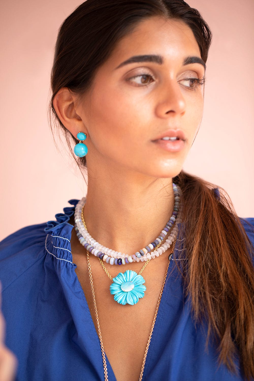 IRENE NEUWIRTH JEWELRY-Turquoise Tropical Flower Necklace-YELLOW GOLD