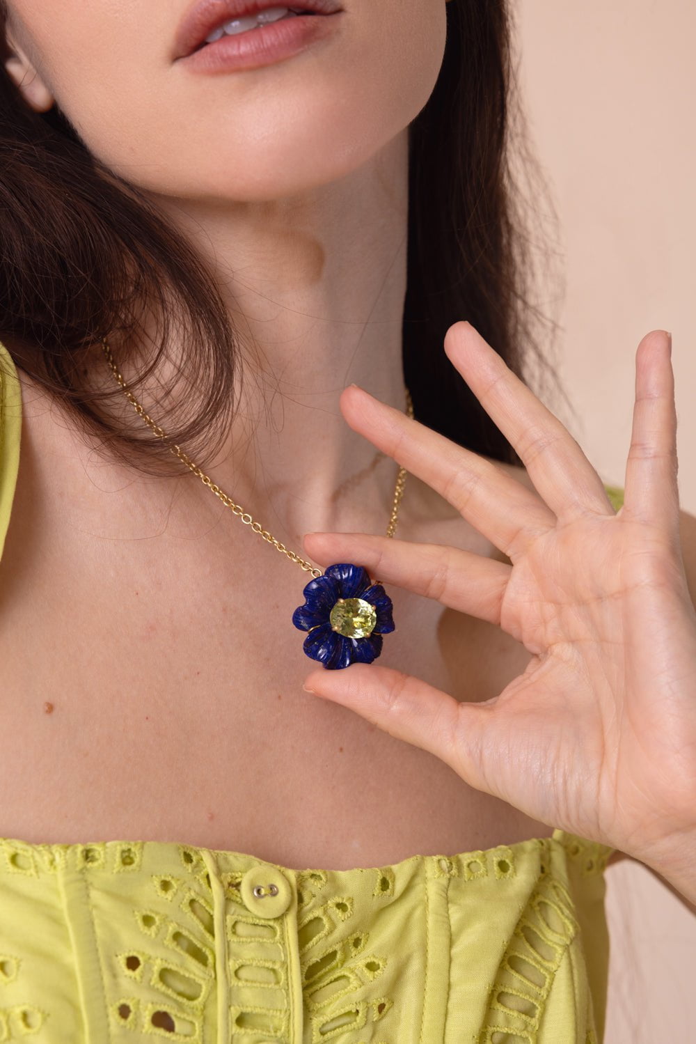 IRENE NEUWIRTH JEWELRY-Carved Lapis Tropical Flower Necklace-YELLOW GOLD