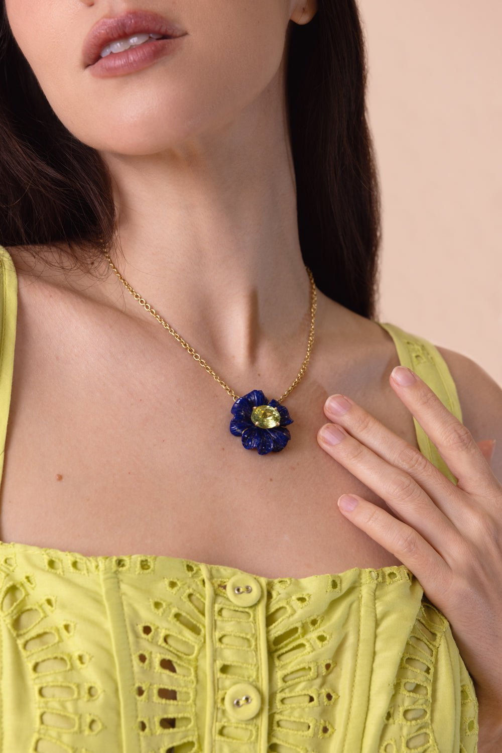 IRENE NEUWIRTH JEWELRY-Carved Lapis Tropical Flower Necklace-YELLOW GOLD