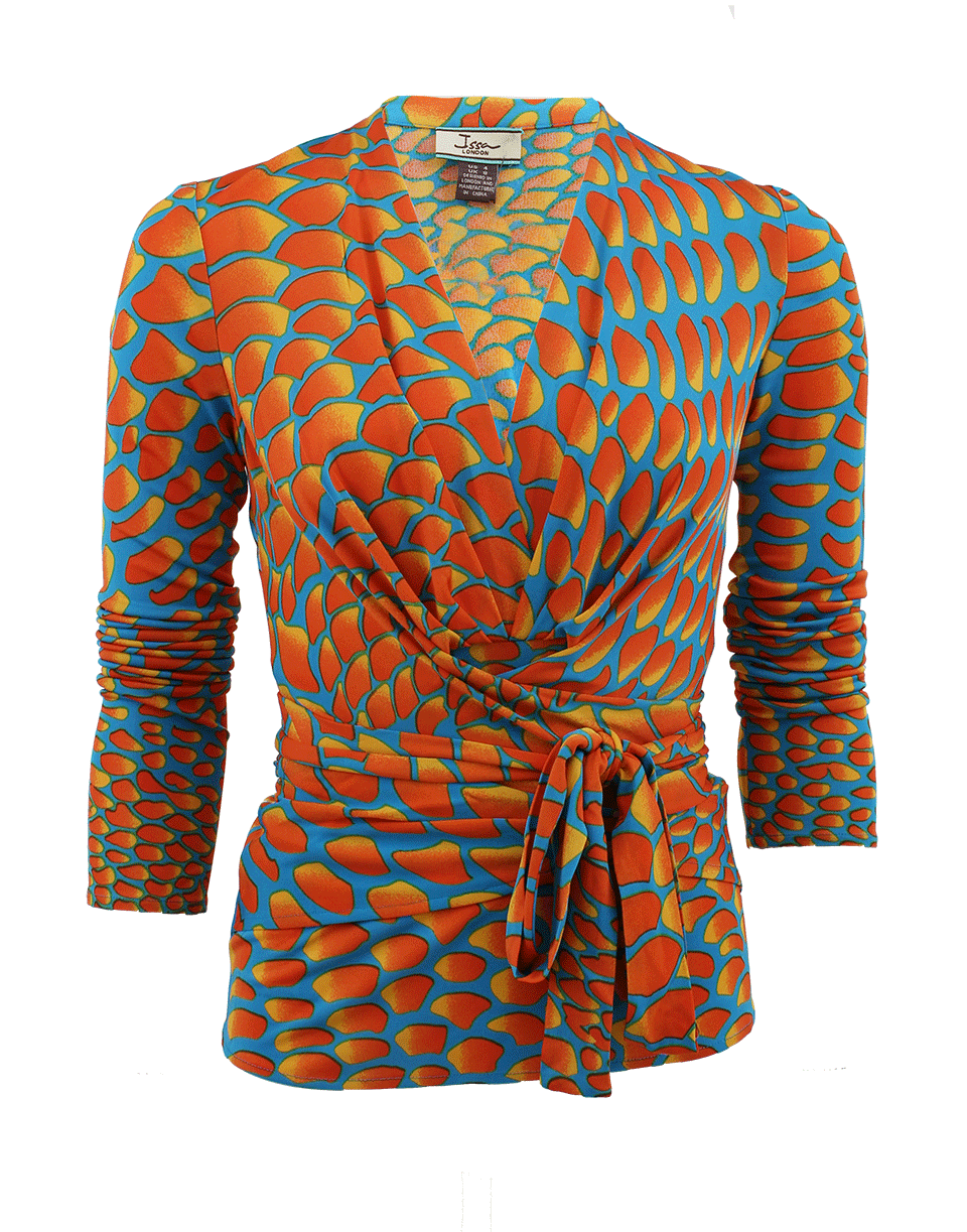 ISSA-Long Sleeve Print Jersey Wrap Top-