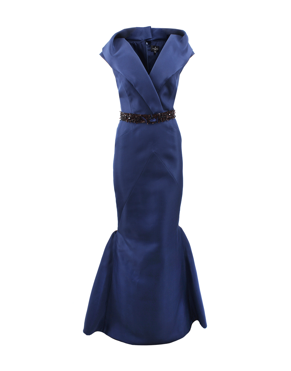 J MENDEL-Shawl Collar Gown With Belt-MARINE