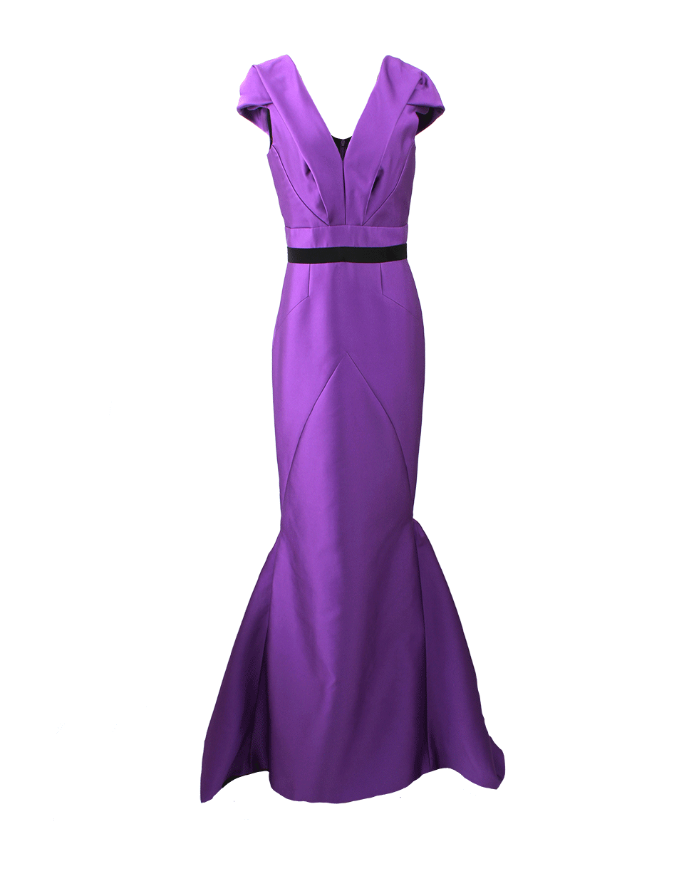 J MENDEL-V-Neck Gown With Cap Sleeve-VIOLET
