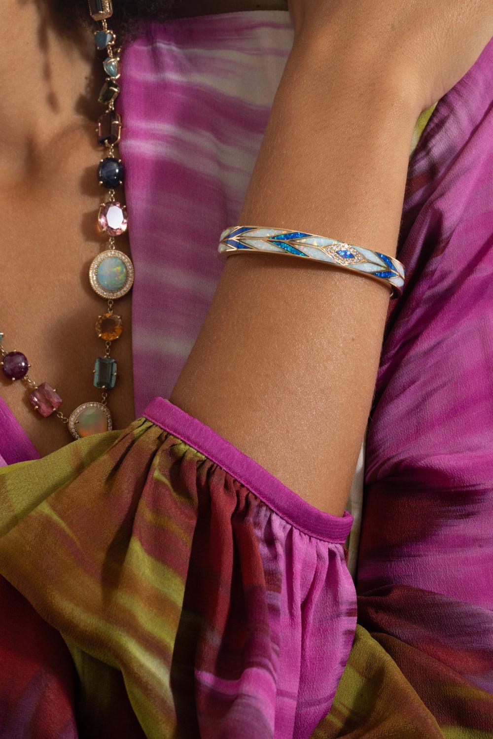 Blue White Opal Chevron Mosaic Cuff Bracelet-YELLOW GOLD-JEWELRYFINE JEWELBRACELET O-JACQUIE AICHE