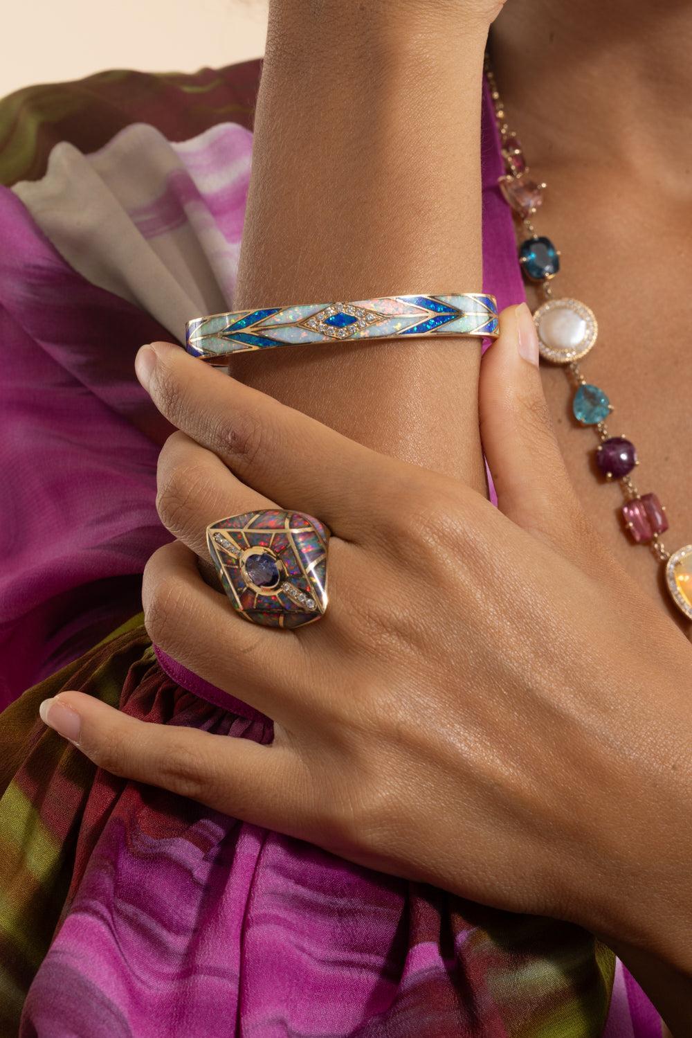 Blue White Opal Chevron Mosaic Cuff Bracelet-YELLOW GOLD-JEWELRYFINE JEWELBRACELET O-JACQUIE AICHE