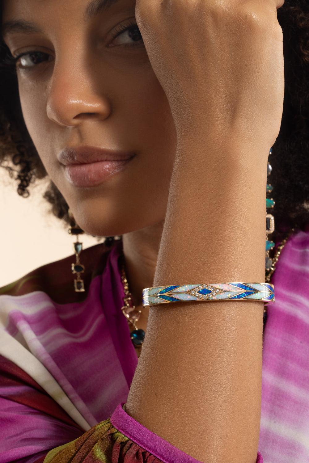 Blue White Opal Chevron Mosaic Cuff Bracelet-YELLOW GOLD-JEWELRYFINE JEWELBRACELET O-JACQUIE AICHE
