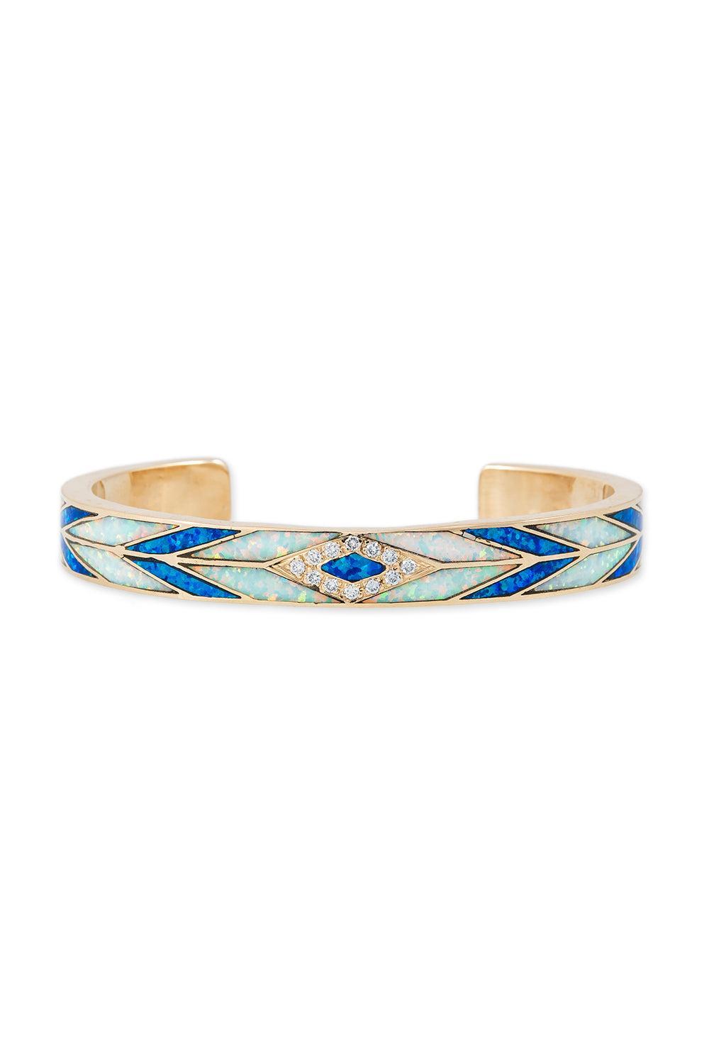 Blue White Opal Chevron Mosaic Cuff Bracelet-YELLOW GOLD-JEWELRYFINE JEWELBRACELET O-JACQUIE AICHE