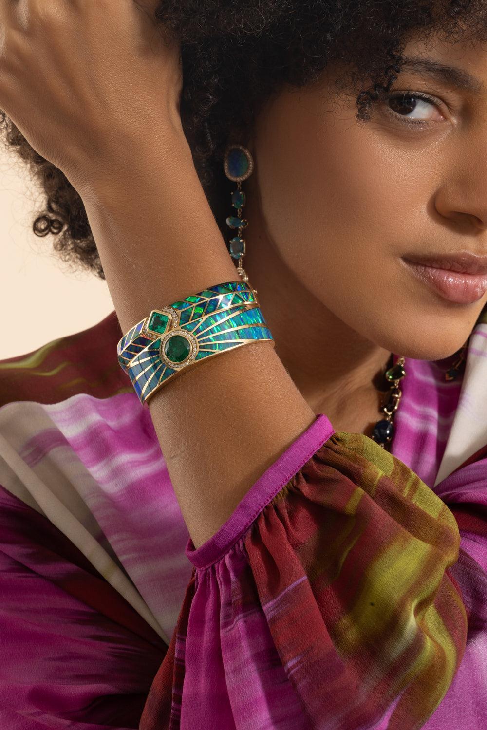 Diamond Emerald Opal Chevron Cuff Bracelet-YELLOW GOLD-JEWELRYFINE JEWELBRACELET O-JACQUIE AICHE