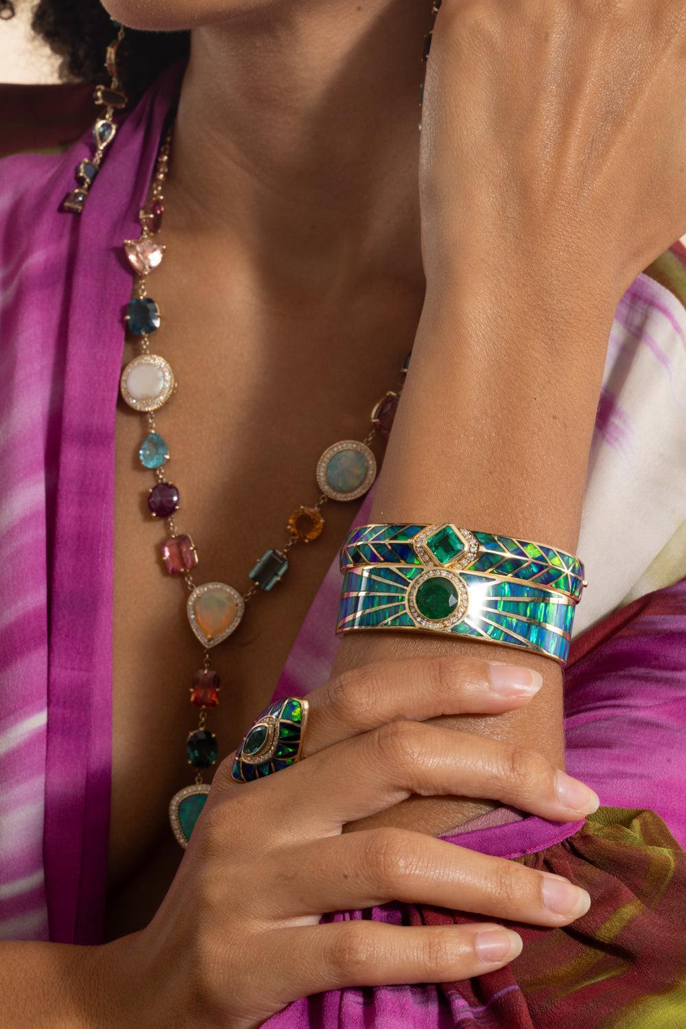 Diamond Emerald Opal Chevron Cuff Bracelet-YELLOW GOLD-JEWELRYFINE JEWELBRACELET O-JACQUIE AICHE