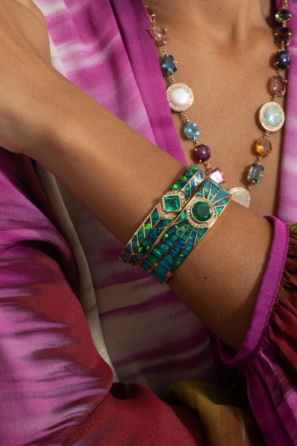 Diamond Emerald Opal Chevron Cuff Bracelet-YELLOW GOLD-JEWELRYFINE JEWELBRACELET O-JACQUIE AICHE