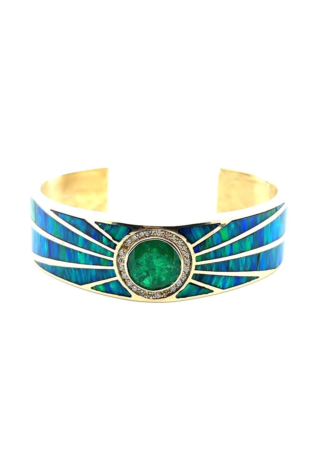 Diamond Emerald Opal Burst Cuff Bracelet-YELLOW GOLD-JEWELRYFINE JEWELBRACELET O-JACQUIE AICHE