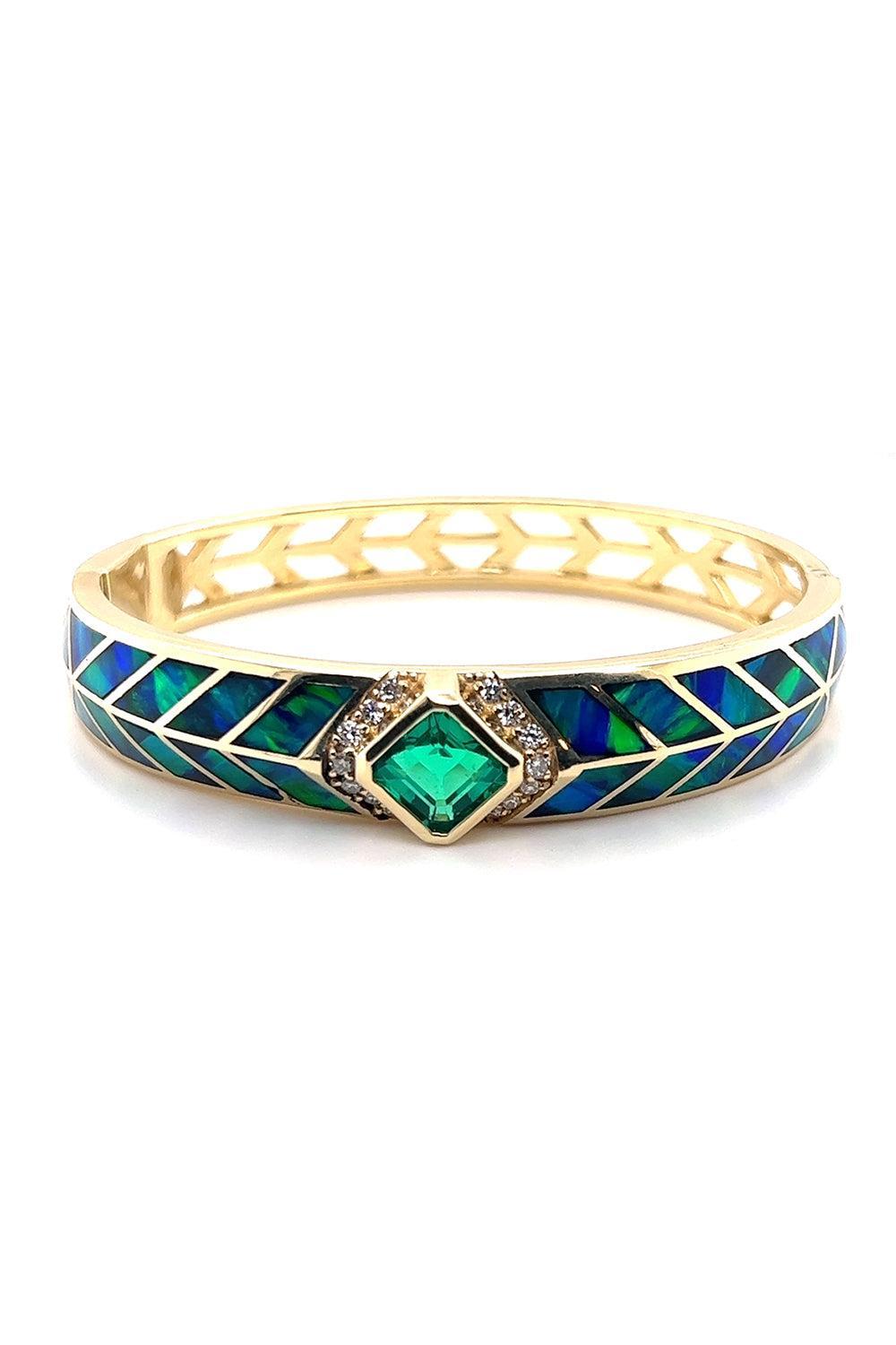 Diamond Emerald Opal Chevron Cuff Bracelet-YELLOW GOLD-JEWELRYFINE JEWELBRACELET O-JACQUIE AICHE
