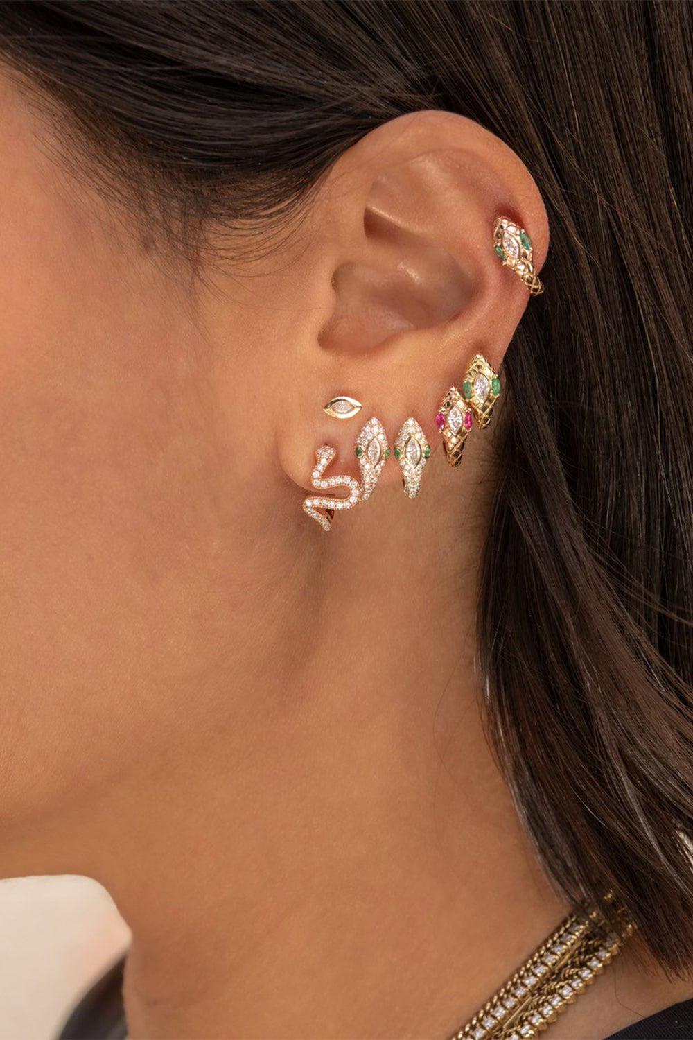 JACQUIE AICHE-Emerald Snake Mini Hoop Earrings-YELLOW GOLD