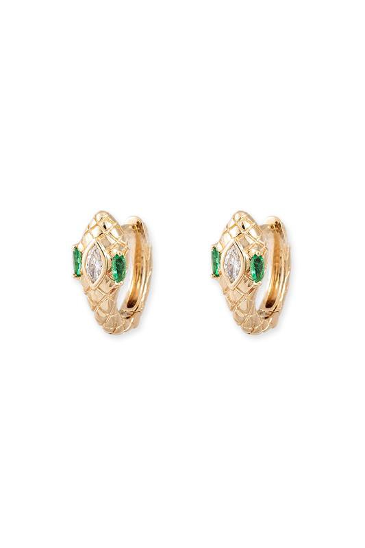 JACQUIE AICHE-Emerald Snake Mini Hoop Earrings-YELLOW GOLD