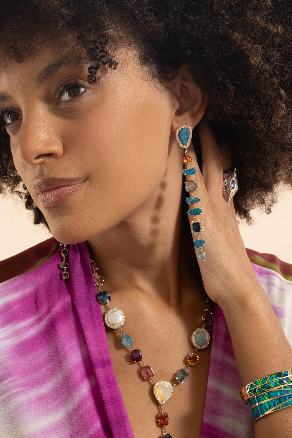 Multi Gemstone Diamond Drop Earrings-YELLOW GOLD-JEWELRYFINE JEWELEARRING-JACQUIE AICHE
