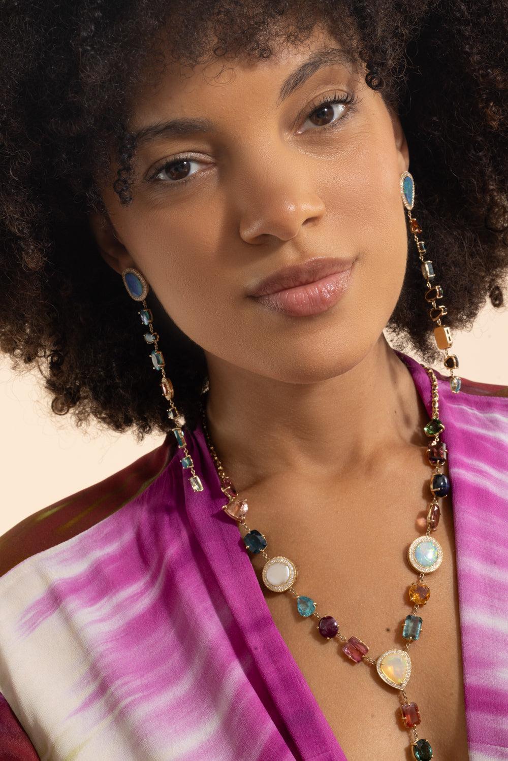 Multi Gemstone Diamond Drop Earrings-YELLOW GOLD-JEWELRYFINE JEWELEARRING-JACQUIE AICHE