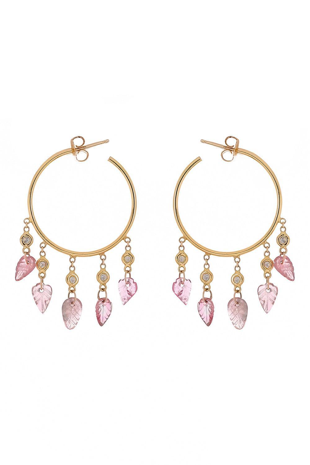 Pink Tourmaline Leaf Hoop Earrings-YELLOW GOLD-JEWELRYFINE JEWELEARRING-JACQUIE AICHE
