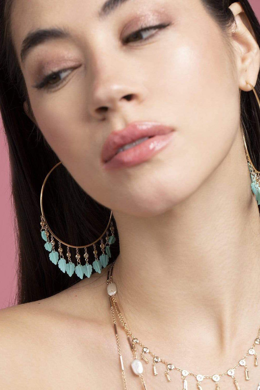JACQUIE AICHE-Turquoise Leaf Shaker Hoops-YELLOW GOLD