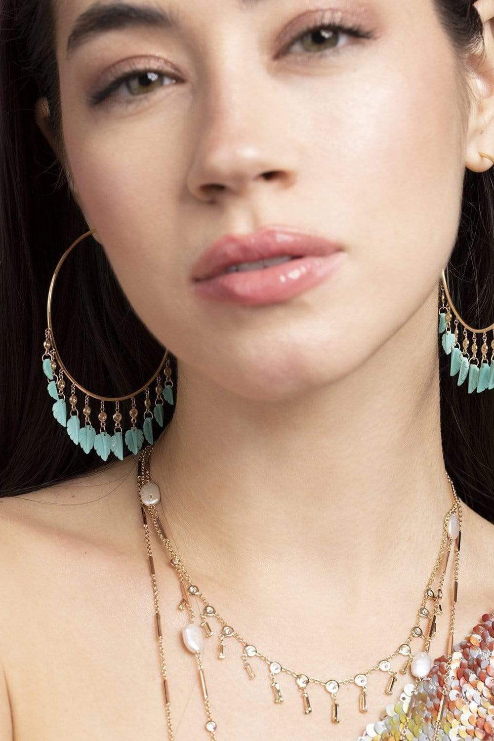 JACQUIE AICHE-Turquoise Leaf Shaker Hoops-YELLOW GOLD