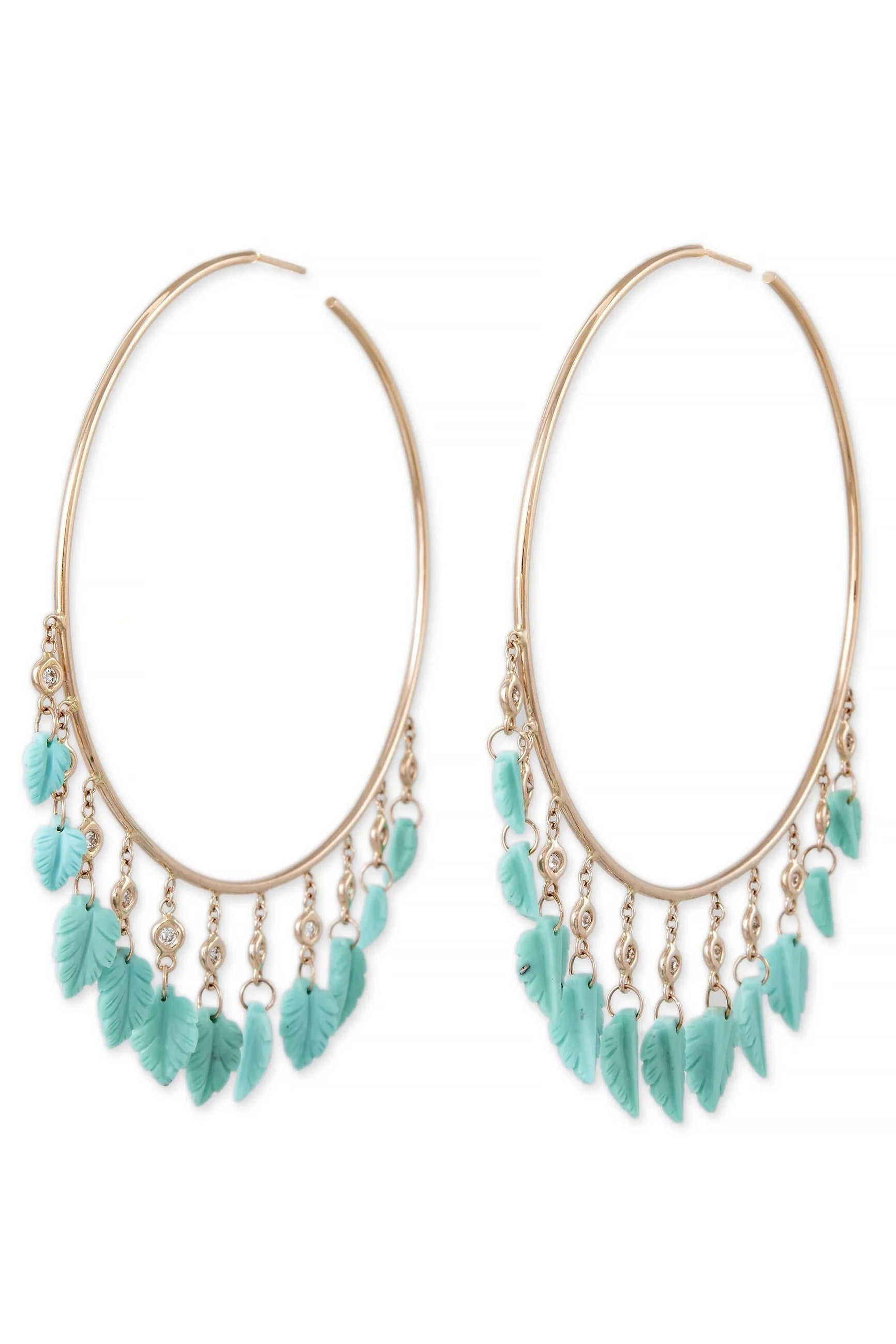 JACQUIE AICHE-Turquoise Leaf Shaker Hoops-YELLOW GOLD