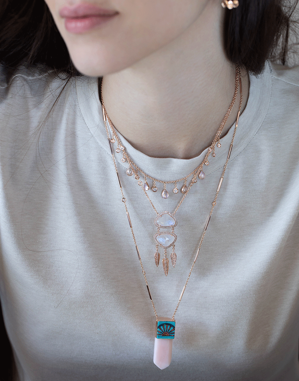 JACQUIE AICHE-Pink Opal and Crystal and Sunrise Inlay Necklace-ROSE GOLD
