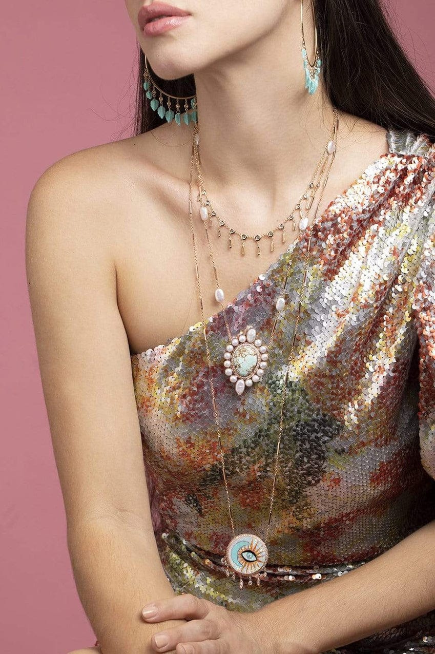 JACQUIE AICHE-Turquoise and Pearl Blossom Necklace-ROSE GOLD