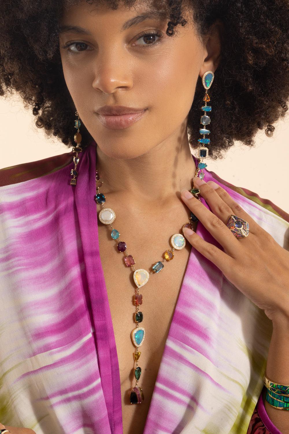 Multi Gemstone Diamond Rolo Y Necklace-YELLOW GOLD-JEWELRYFINE JEWELNECKLACE O-JACQUIE AICHE
