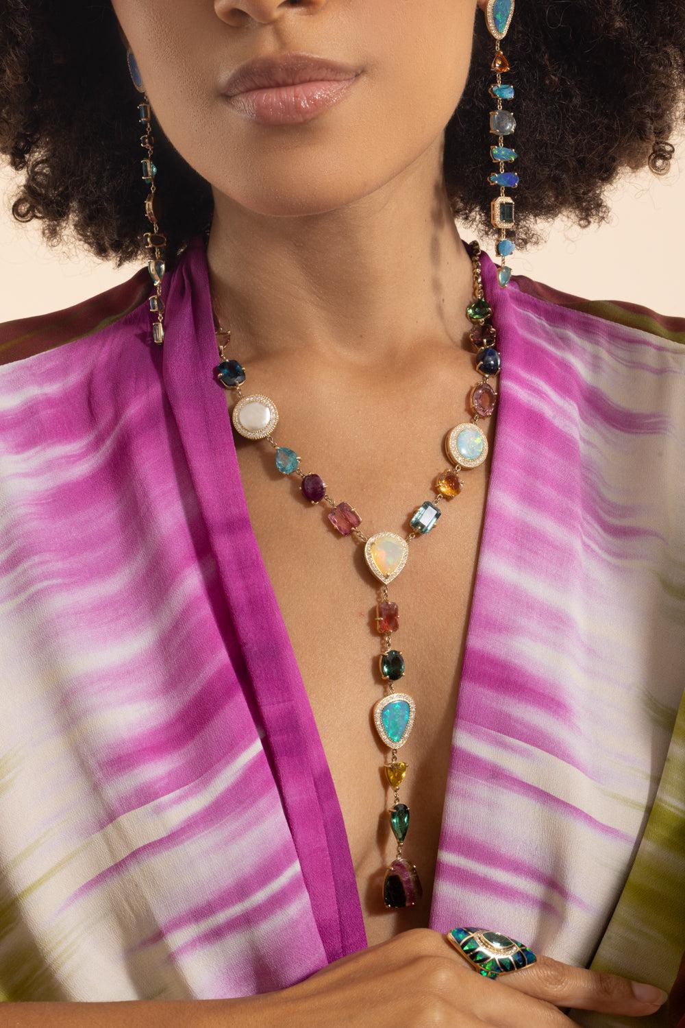 Multi Gemstone Diamond Rolo Y Necklace-YELLOW GOLD-JEWELRYFINE JEWELNECKLACE O-JACQUIE AICHE