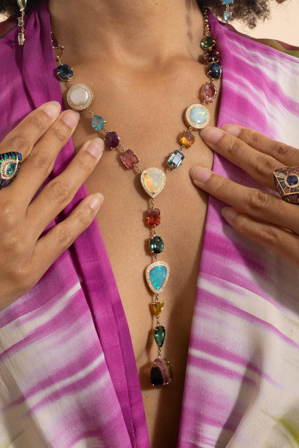 Multi Gemstone Diamond Rolo Y Necklace-YELLOW GOLD-JEWELRYFINE JEWELNECKLACE O-JACQUIE AICHE