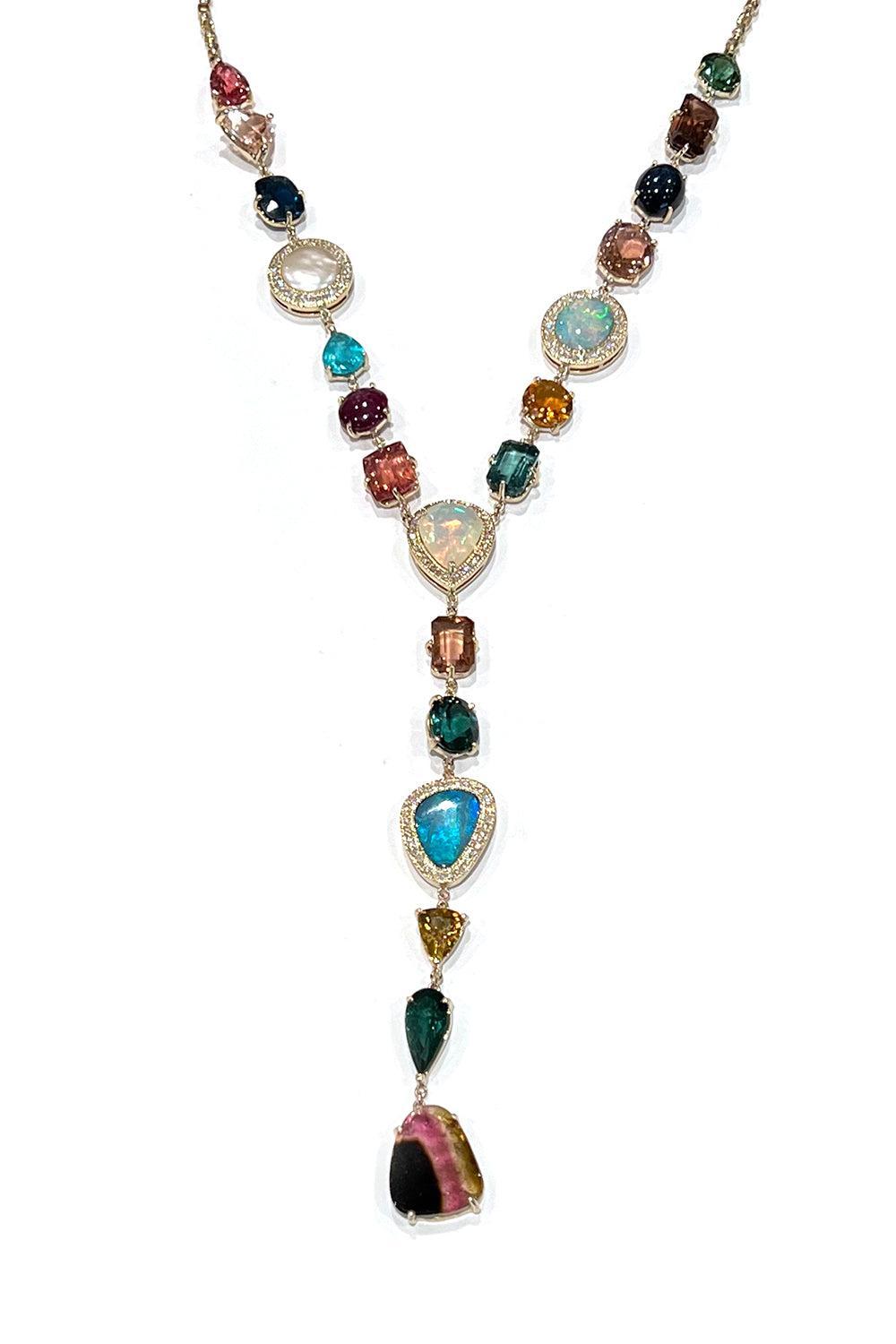 Multi Gemstone Diamond Rolo Y Necklace-YELLOW GOLD-JEWELRYFINE JEWELNECKLACE O-JACQUIE AICHE