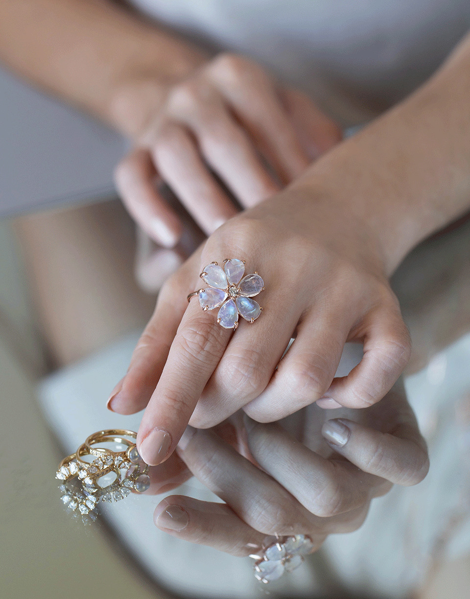 JACQUIE AICHE-Moonstone and Diamond Flower Ring-ROSE GOLD