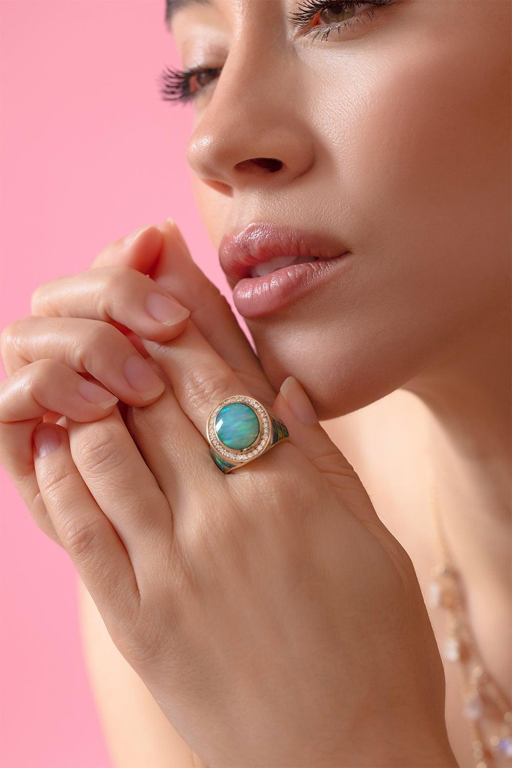 JACQUIE AICHE-Opal Inlay Signet Ring-YELLOW GOLD