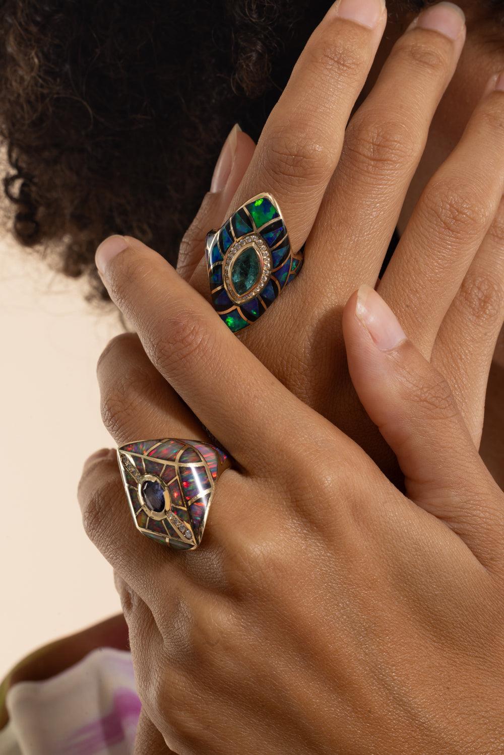 Blue Tourmaline Green Opal Kite Ring-YELLOW GOLD-7.75-JEWELRYFINE JEWELRING-JACQUIE AICHE