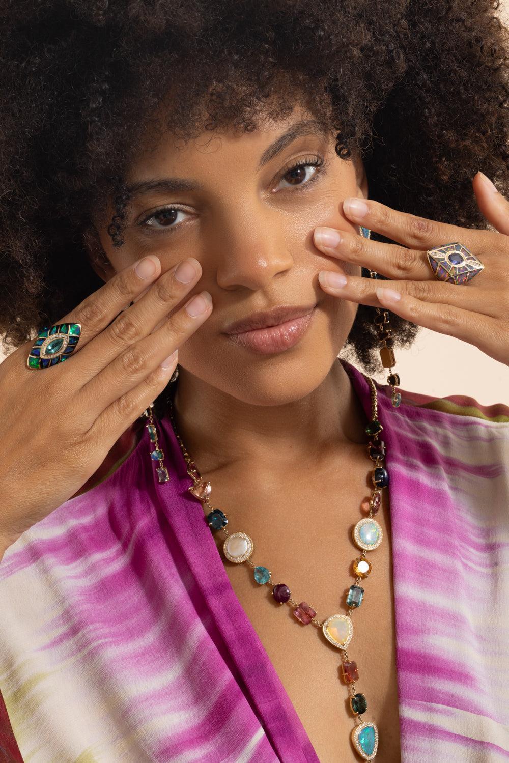 Blue Tourmaline Green Opal Kite Ring-YELLOW GOLD-7.75-JEWELRYFINE JEWELRING-JACQUIE AICHE