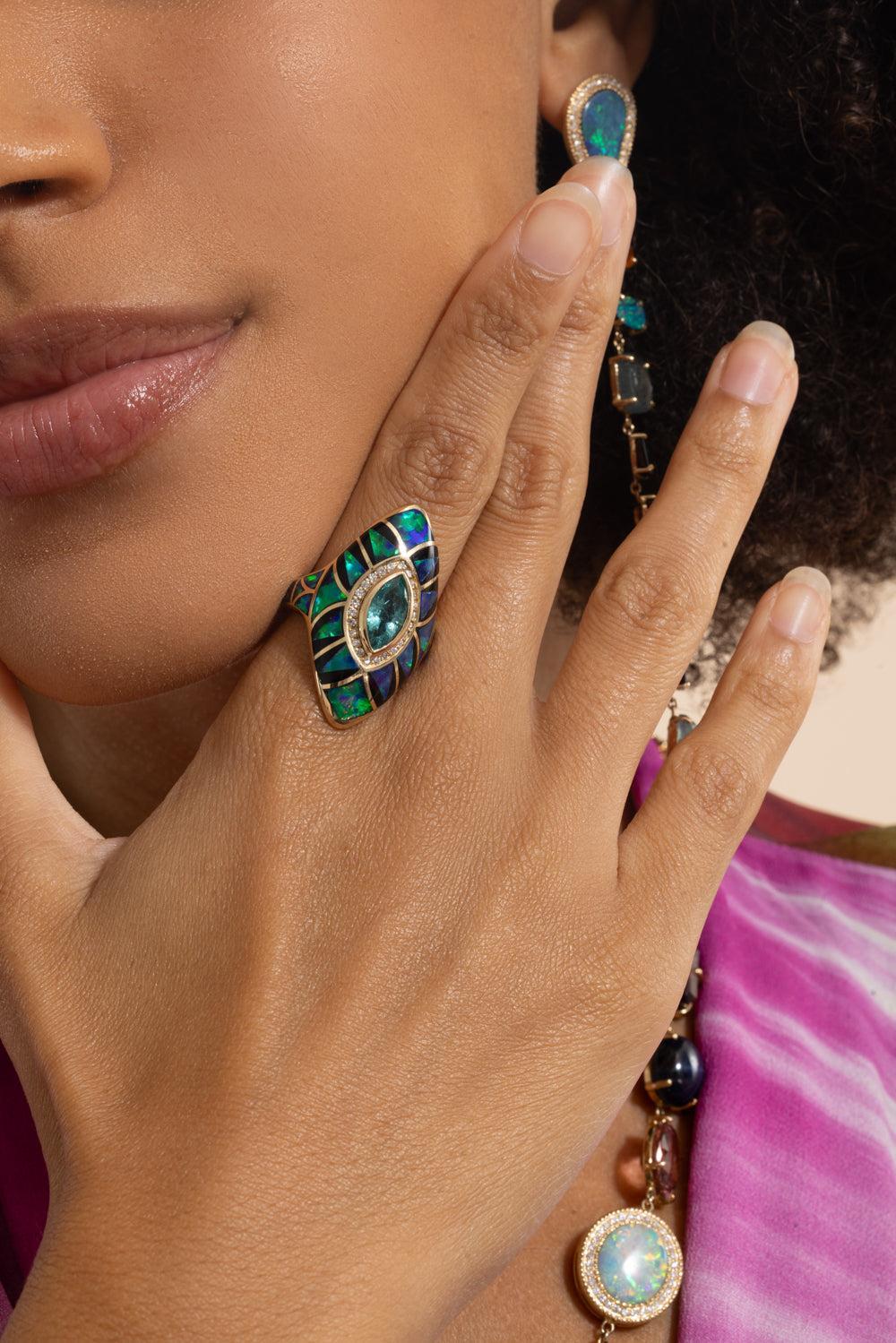 Blue Tourmaline Green Opal Kite Ring-YELLOW GOLD-7.75-JEWELRYFINE JEWELRING-JACQUIE AICHE