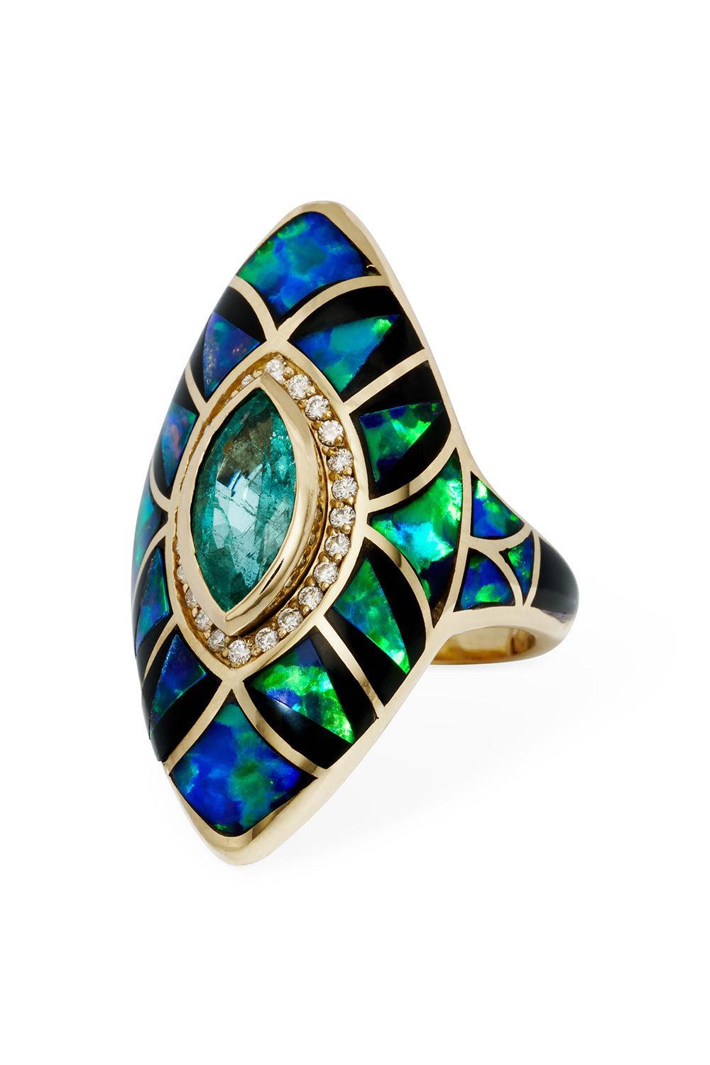 Blue Tourmaline Green Opal Kite Ring-YELLOW GOLD-7.75-JEWELRYFINE JEWELRING-JACQUIE AICHE