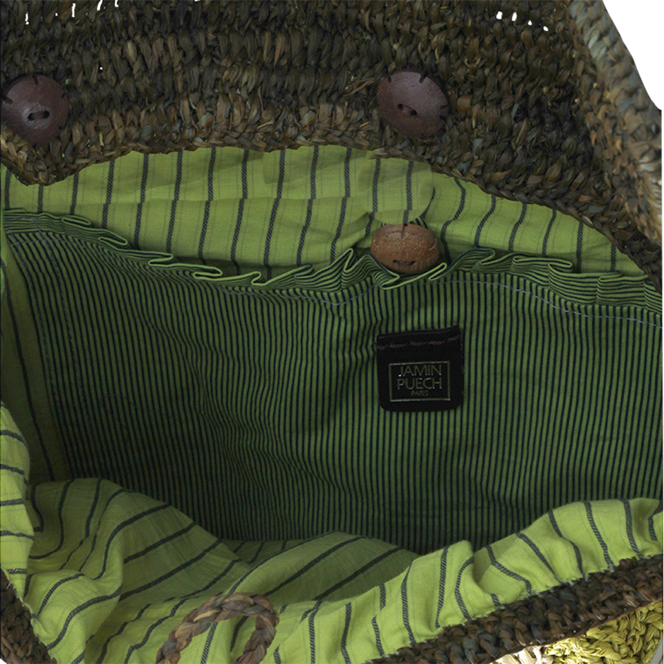 JAMIN PUECH-Papaver Leaf Print Raffia Bag-GREEN
