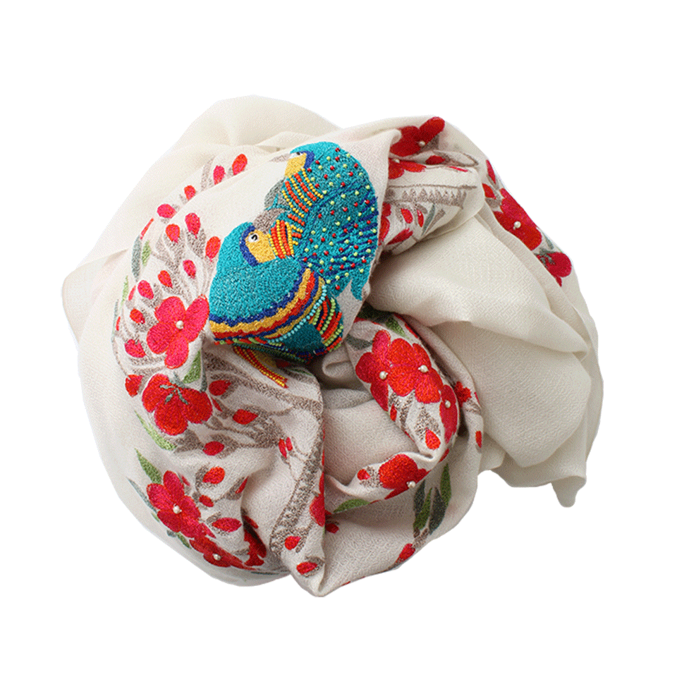 JANAVI INDIA-Birds On Floral Shawl-IVORY