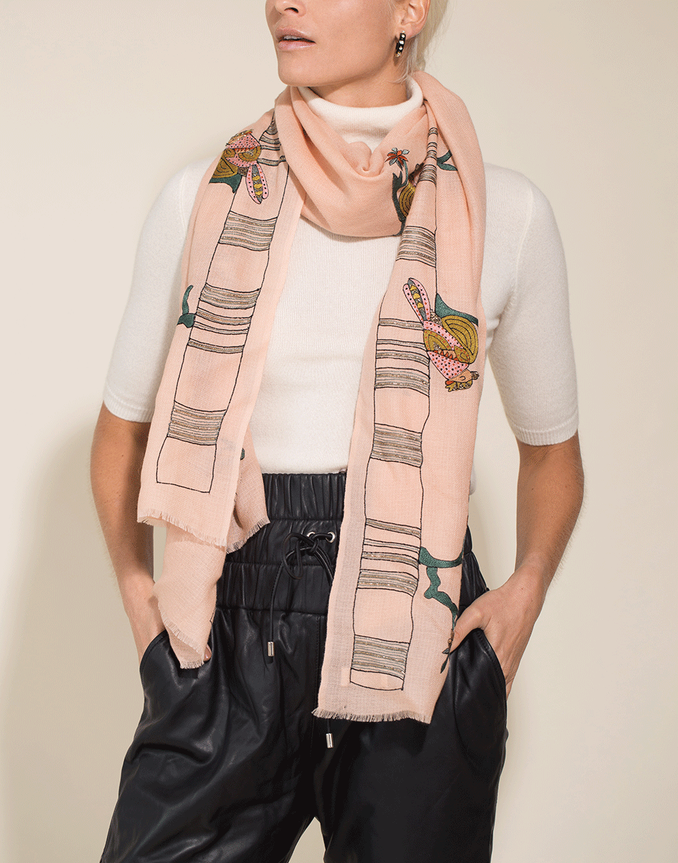 JANAVI INDIA-Embroidered Bird Shawl-PEACH