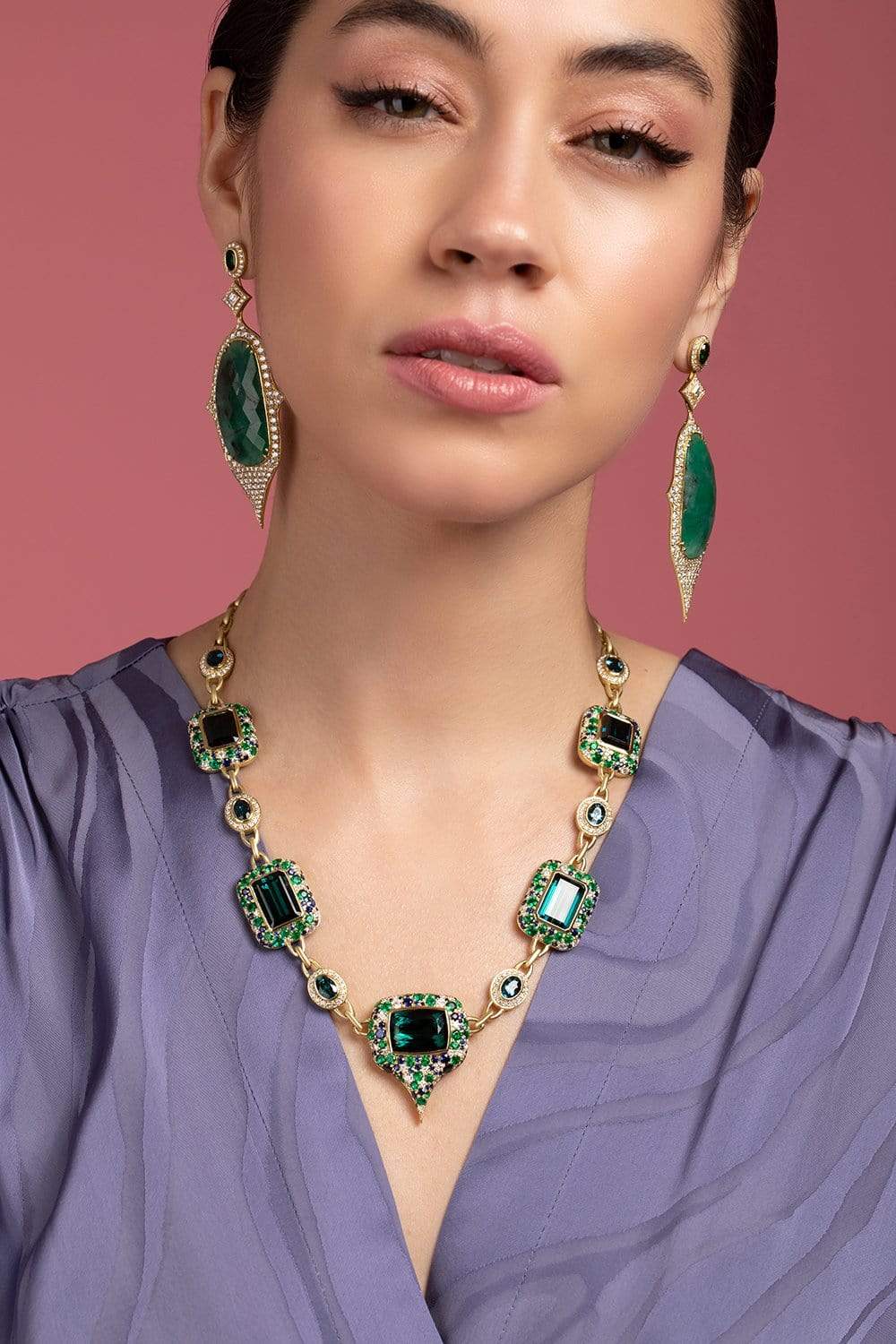 JARED LEHR-Tourmaline, Emerald and Sapphire Necklace-YELLOW GOLD
