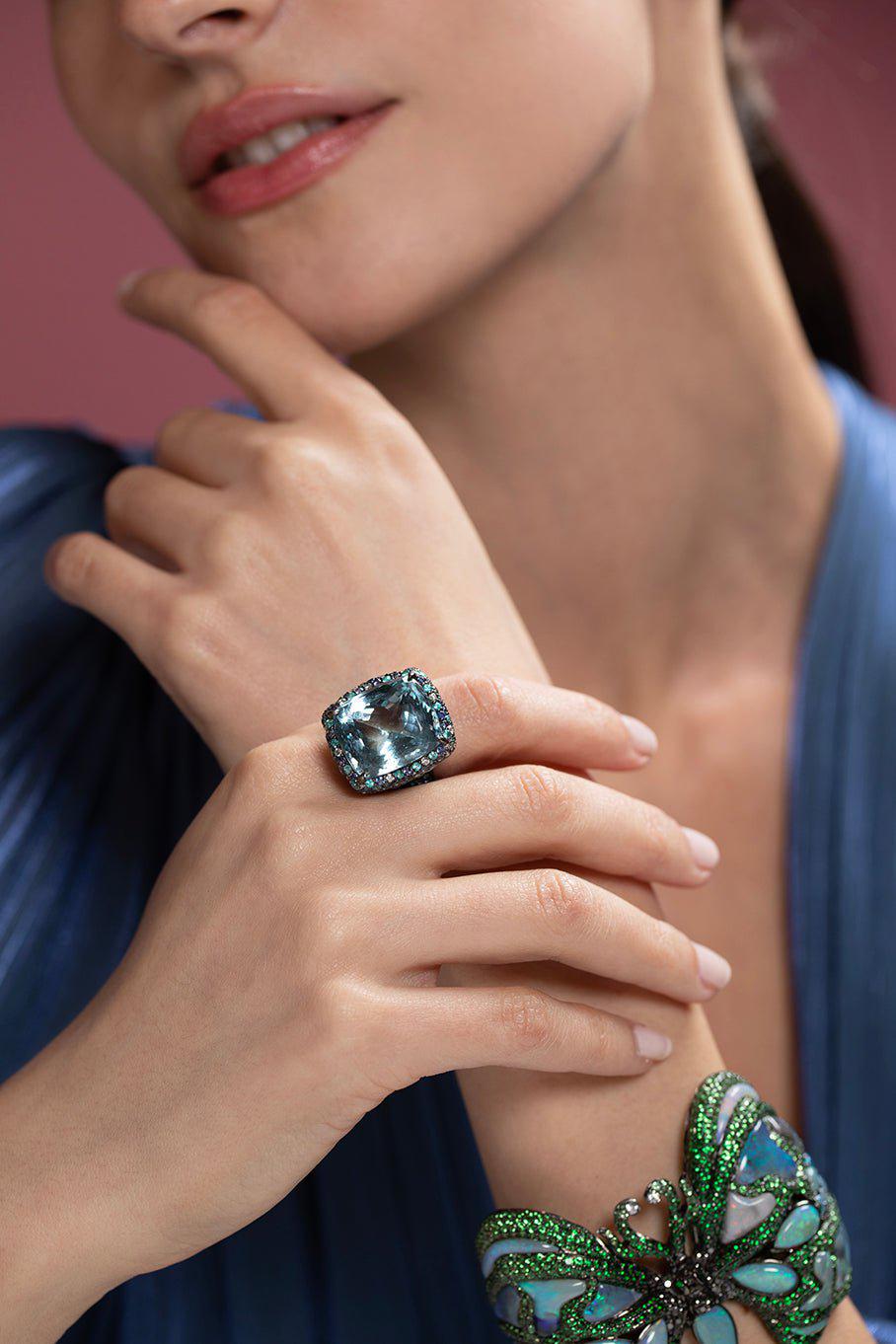 JARED LEHR-Aquamarine Purple Sapphire Diamond Ring-BLACK GOLD