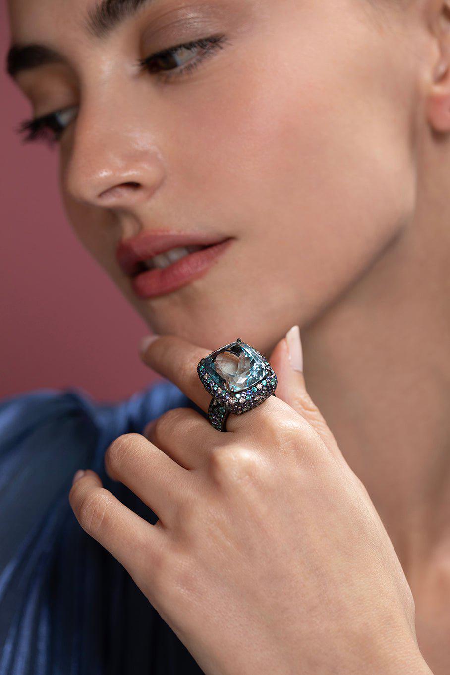 JARED LEHR-Aquamarine Purple Sapphire Diamond Ring-BLACK GOLD