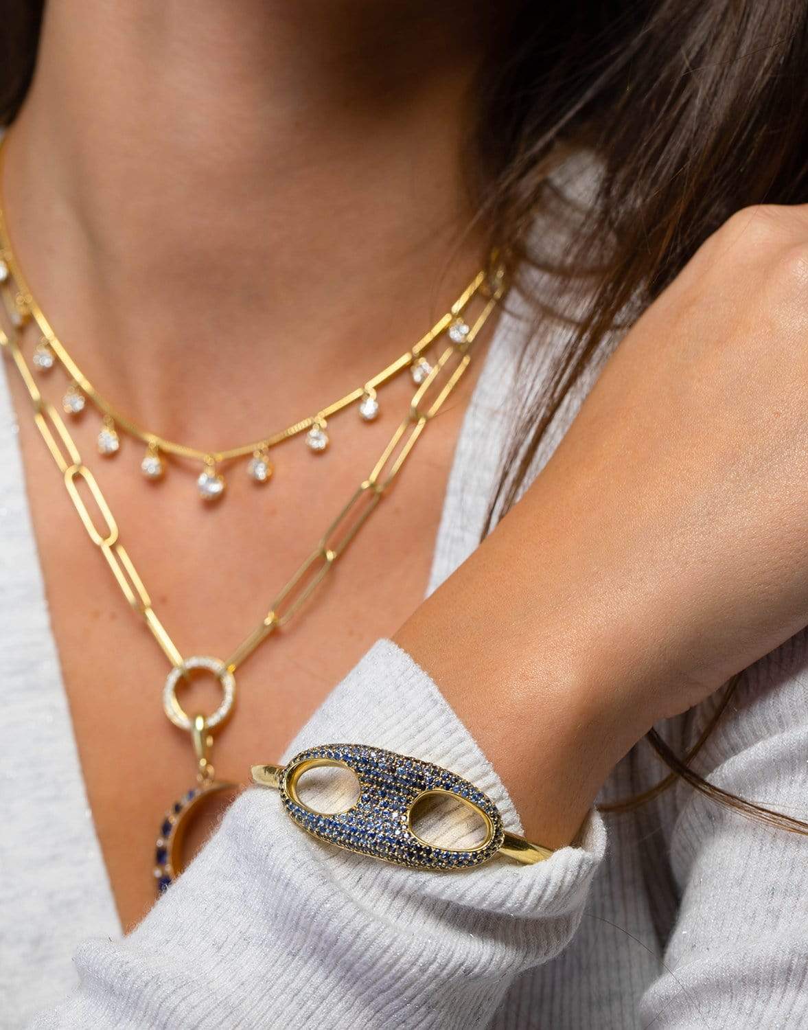 JENNA BLAKE-Blue Sapphire Nautical Link Cuff-YELLOW GOLD