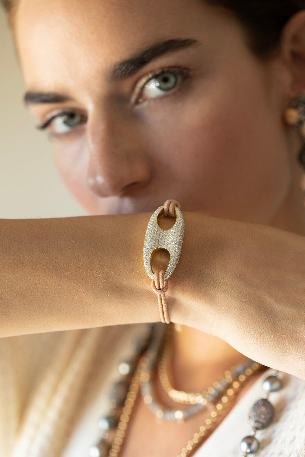 JENNA BLAKE-Large Diamond Nautical Leather Bracelet-YELLOW GOLD