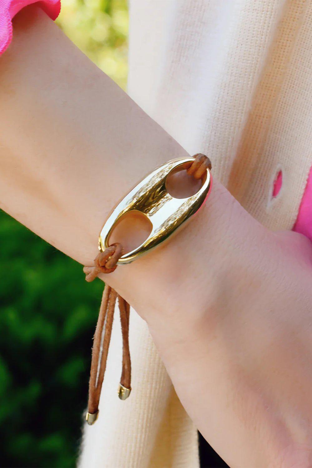 JENNA BLAKE-Large Gold Anchor Link Leather Bracelet-YELLOW GOLD