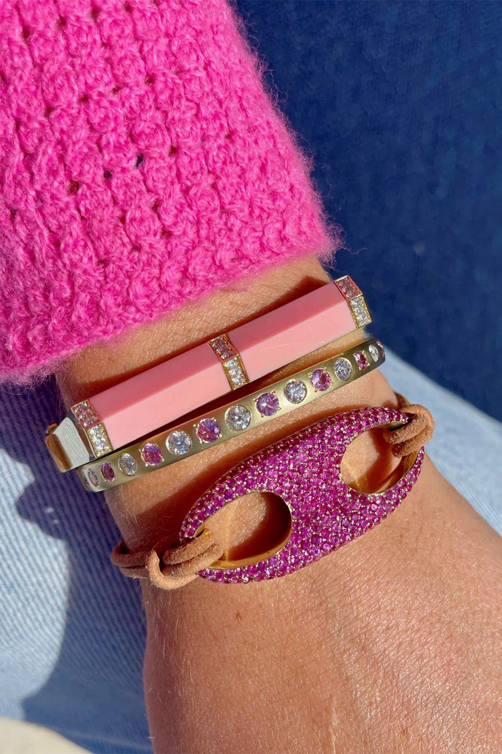 JENNA BLAKE-Large Pink Sapphire Anchor Link Leather Bracelet-YELLOW GOLD