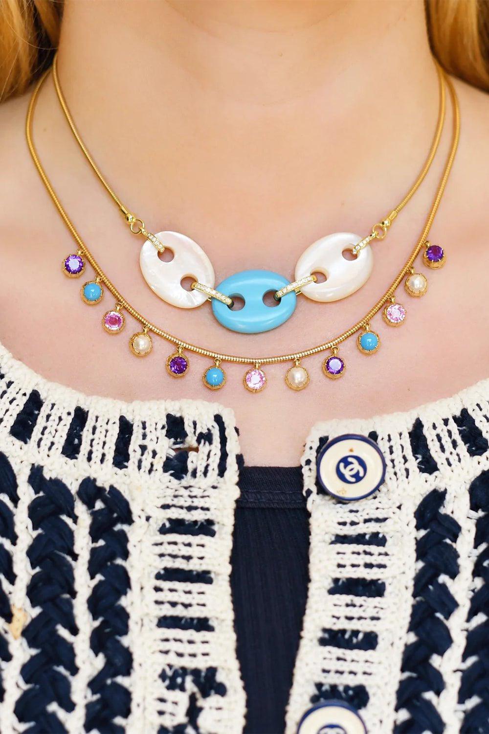 JENNA BLAKE-Mixed Gems Fringe Necklace-YELLOW GOLD