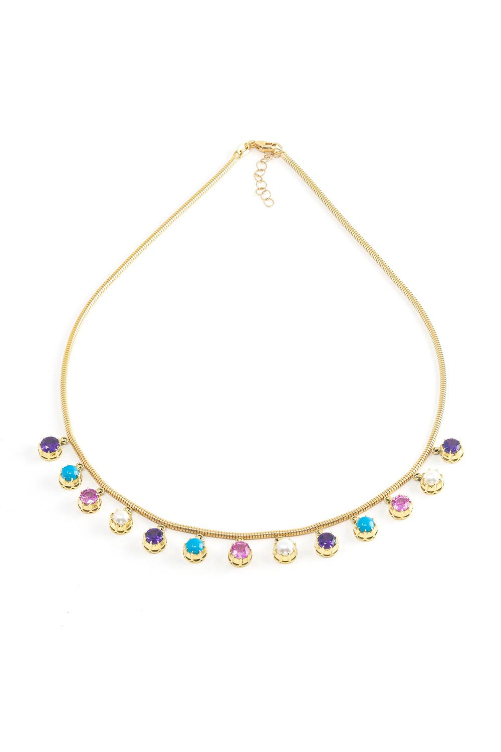 JENNA BLAKE-Mixed Gems Fringe Necklace-YELLOW GOLD