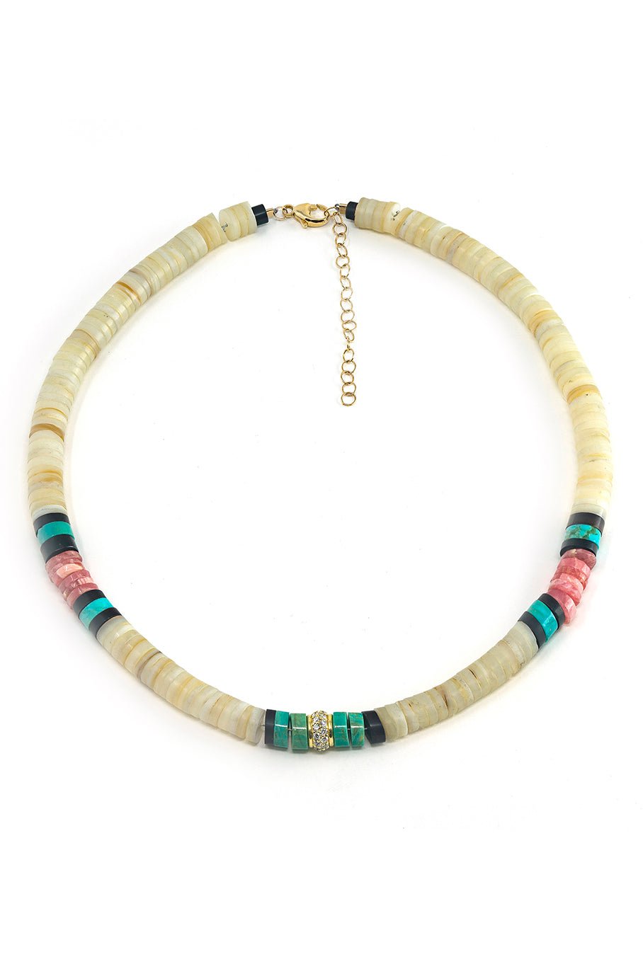 JENNA BLAKE-Heishi Bead Necklace - White/Pink-YELLOW GOLD