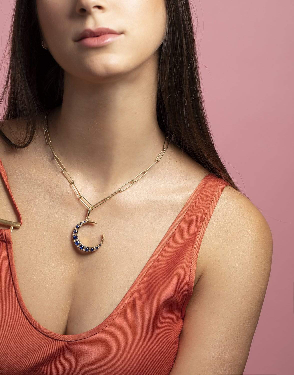 JENNA BLAKE-Diamond and Sapphire Crescent Pendant-YELLOW GOLD