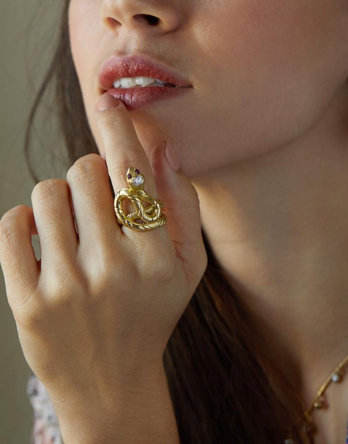 JENNA BLAKE-Diamond and Ruby Snake Ring-YELLOW GOLD